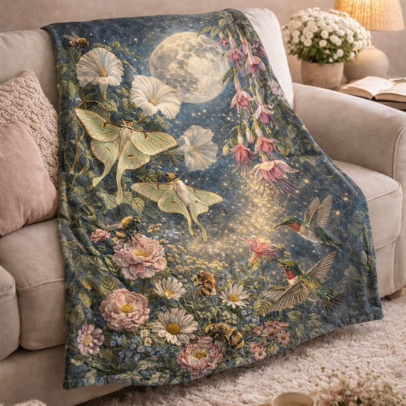 Plush velveteen blanket featuring botanical artwork of pollinators with flowers bees and butterflies