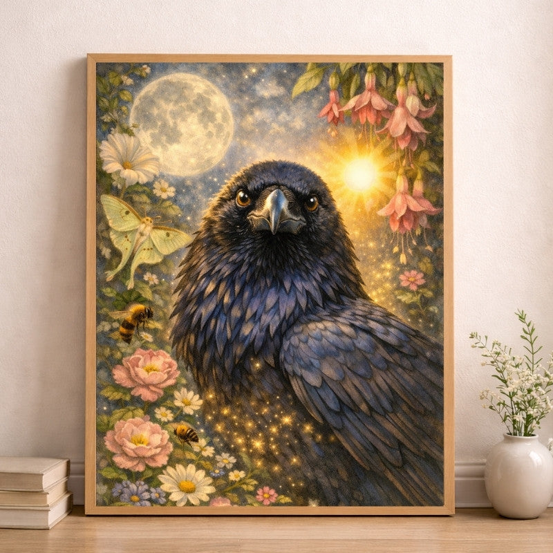 Raven wall art print with glowing golden details, surrounded by flowers and moonlight, framed in a warm wood setting — mystical nature-inspired home decor for cozy, artistic interiors.