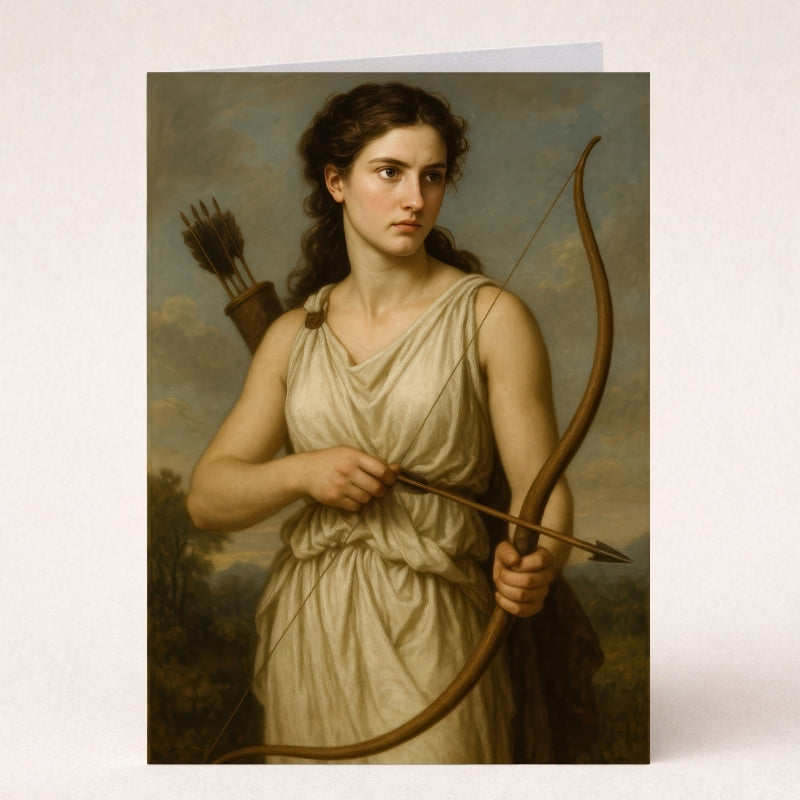 Artemis Greek goddess holding a bow and arrow, set against a misty grey sky with soft clouds