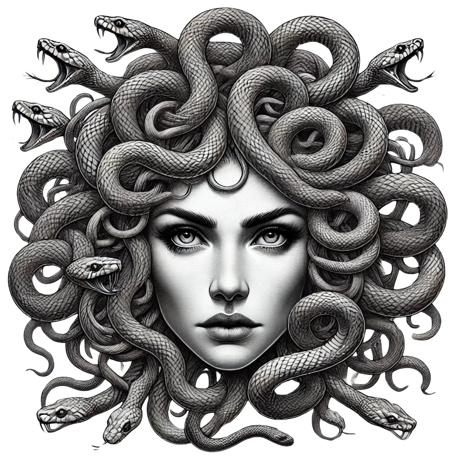 Medusa vinyl sticker with bold black linework, detailed snakes, and a fierce gaze on a white background.