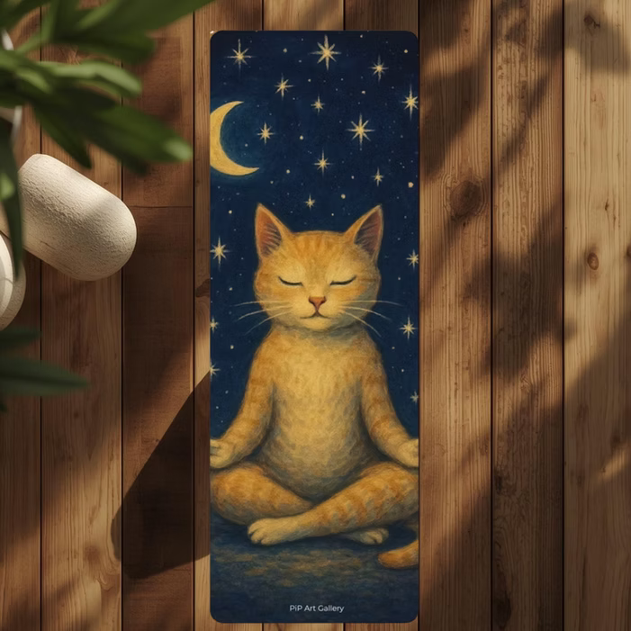 Yoga mat featuring serene meditative cat under moonlit sky.
