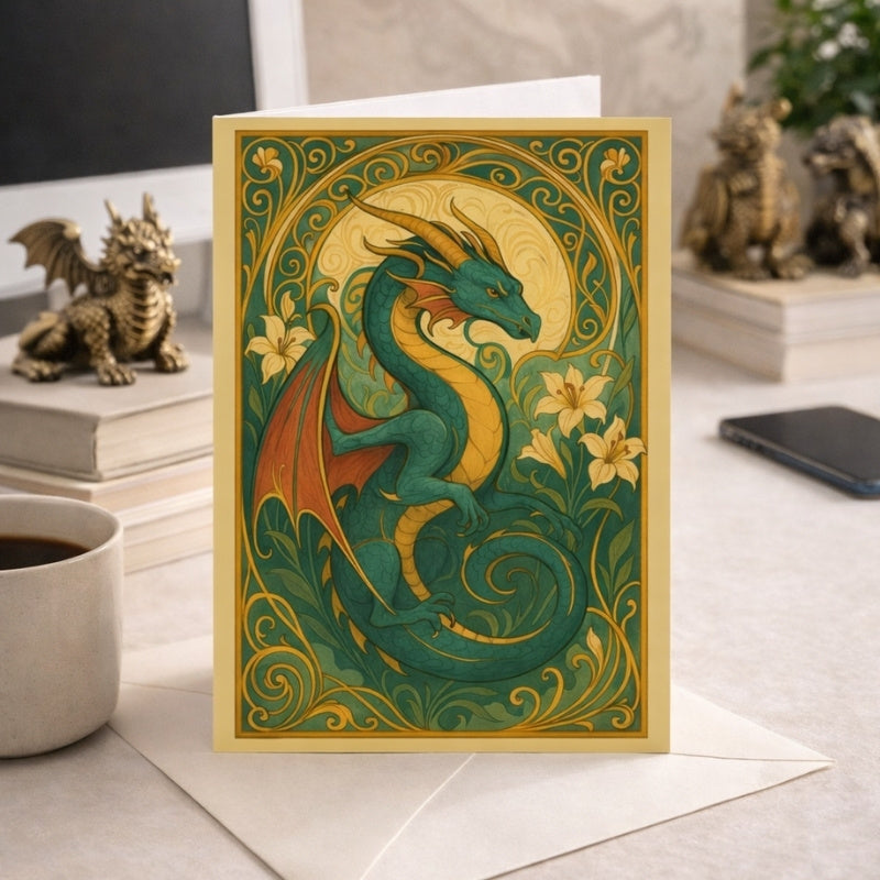 Greeting card of an Art Nouveau green dragon with floral patterns, fantasy style