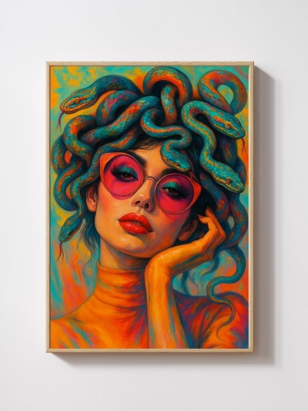 Retro-style Medusa portrait art print featuring a modern woman with snakes in her hair and wearing pink sunglasses