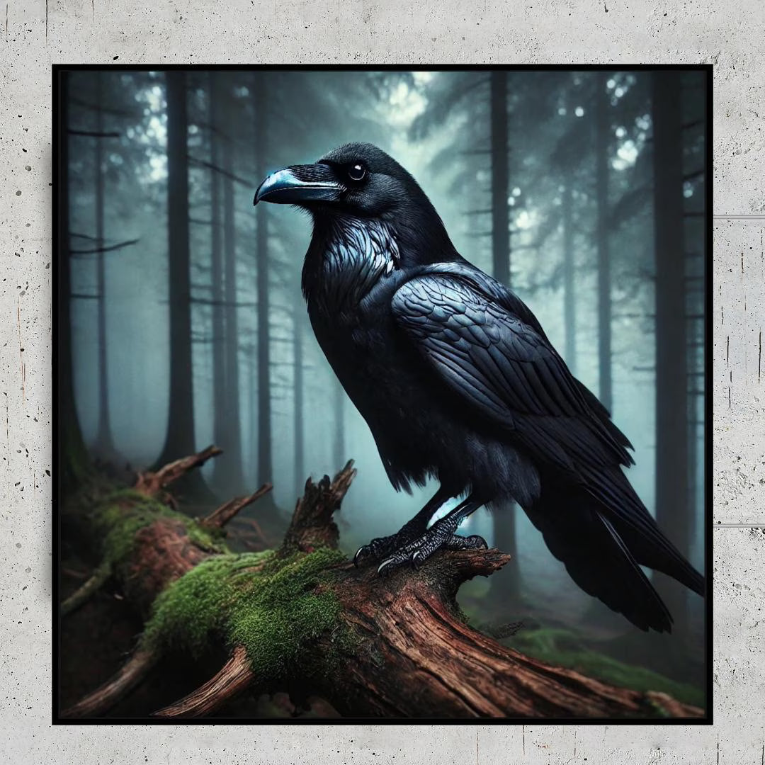 A black raven perched on a moss-covered log in a misty forest. The bird has a blue beak and is surrounded by tall, dark trees