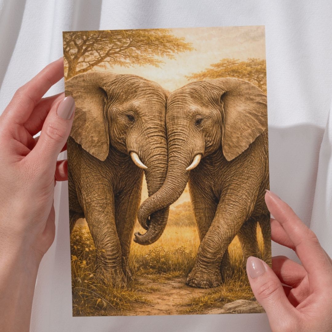 Two elephants touching trunks in a warm savanna landscape, romantic Valentine’s greeting card artwork.