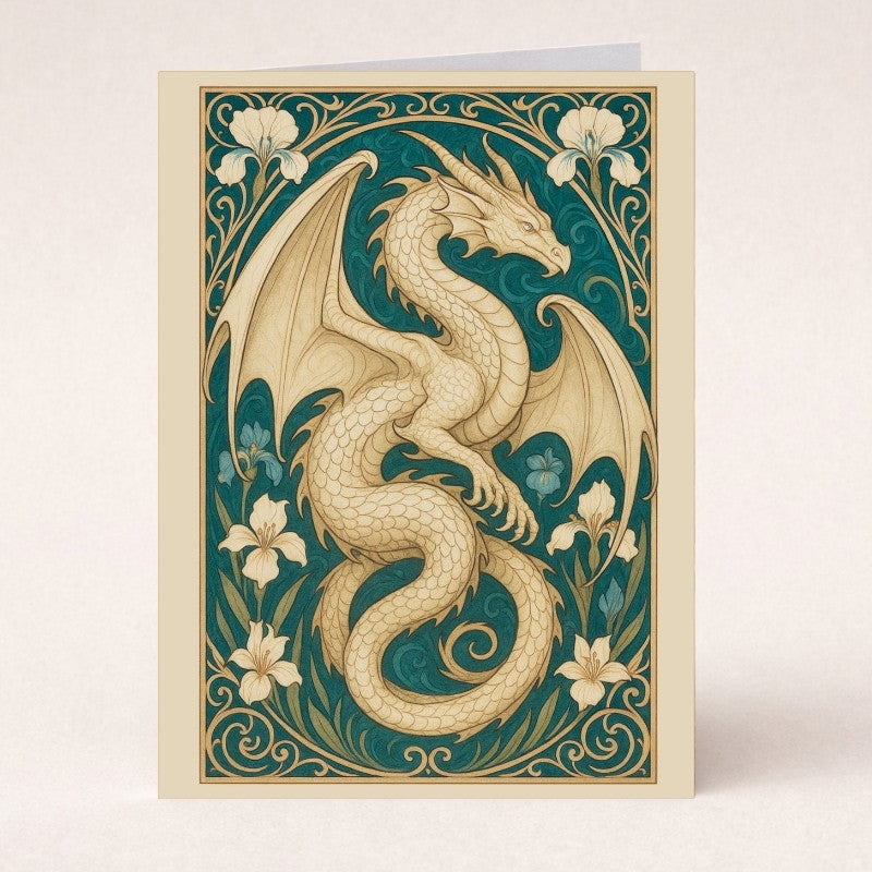 Illustrated white dragon in flowing Art Nouveau style surrounded by floral motifs on a fantasy greeting card.