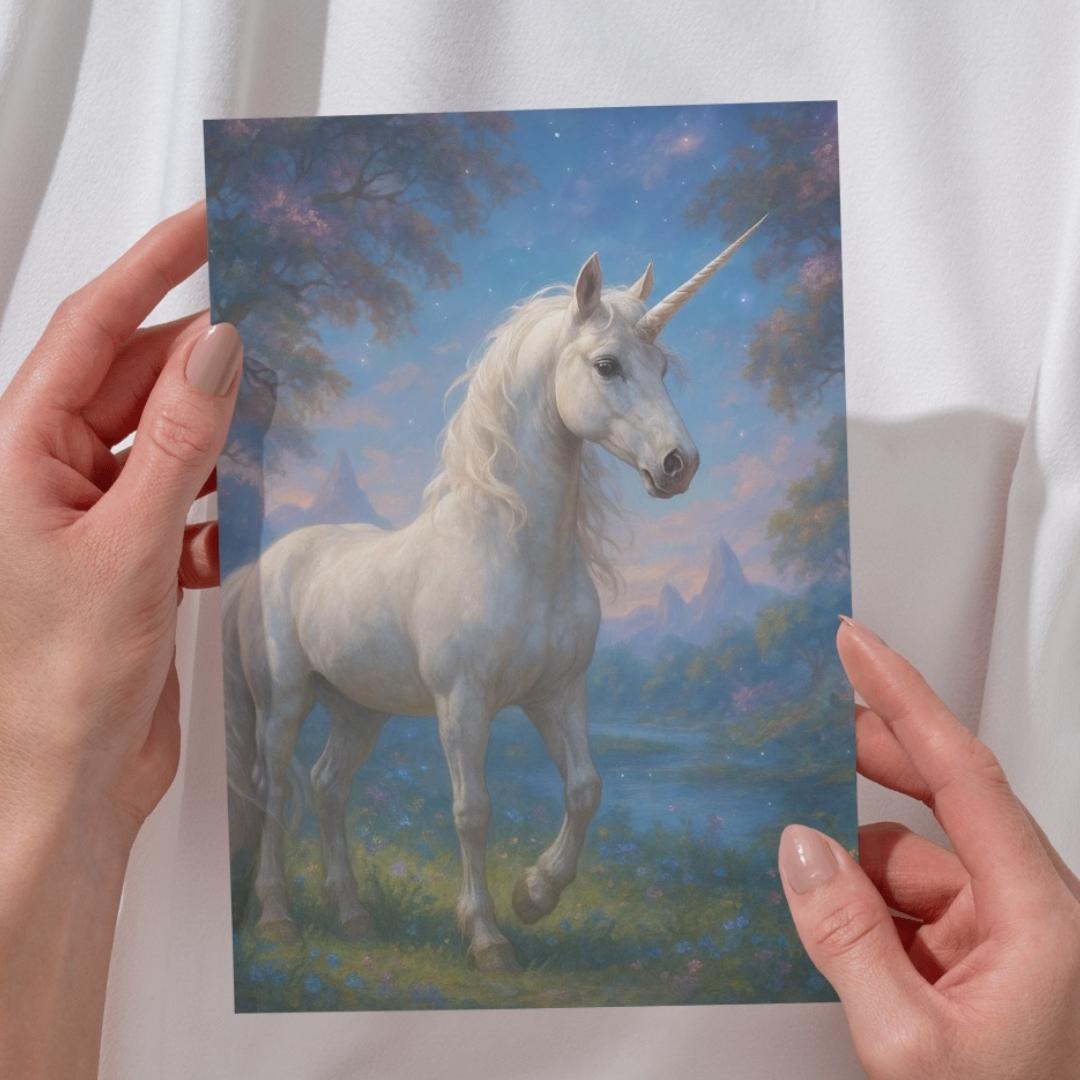 Mystical unicorn greeting card featuring a white unicorn in an enchanted forest at twilight
