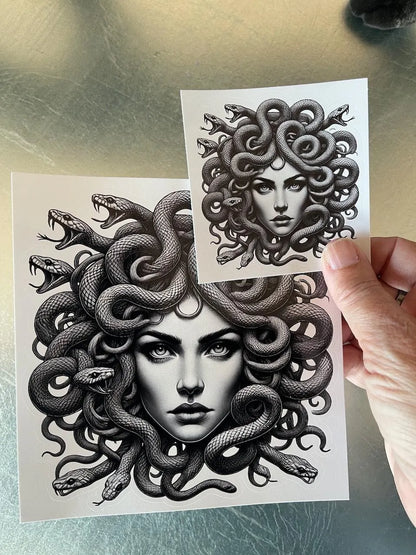 Black and white Medusa art stickers with snake hair, mythological fantasy design