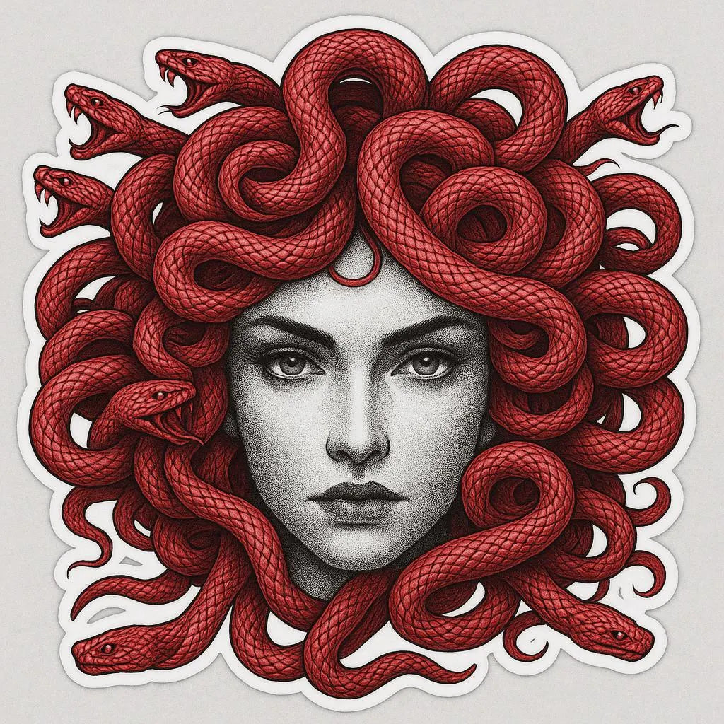 Mythology art sticker of a woman's face with vivid red snakes for hair, Medusa-inspired design