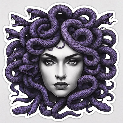 Medusa illustration with purple snake hair, fantasy mythology art sticker