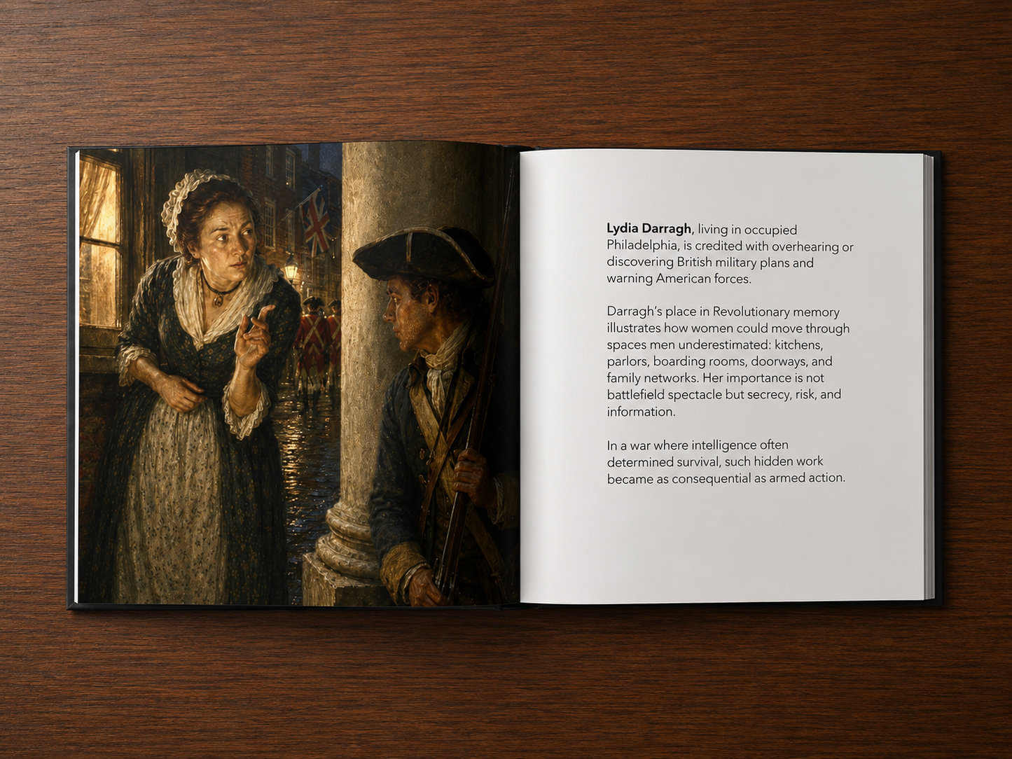 Open book showing a painting of two people on one page and text on the other, on a wooden surface.