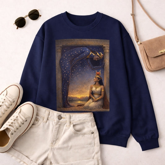 Navy sweatshirt with Egyptian mythology-inspired goddess artwork, styled with shorts and sneakers