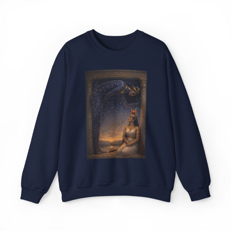 Navy sweatshirt featuring Egyptian goddess-inspired fantasy art, mystical wall decor design
