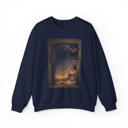 Navy sweatshirt featuring Egyptian goddess-inspired fantasy art, mystical wall decor design
