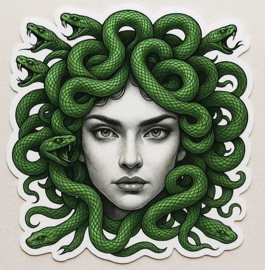 Mythology-inspired Medusa art print with green snakes as hair, bold fantasy decor