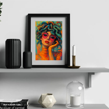 Colorful Medusa wall art print with snakes, displayed in black frame on modern shelf decor