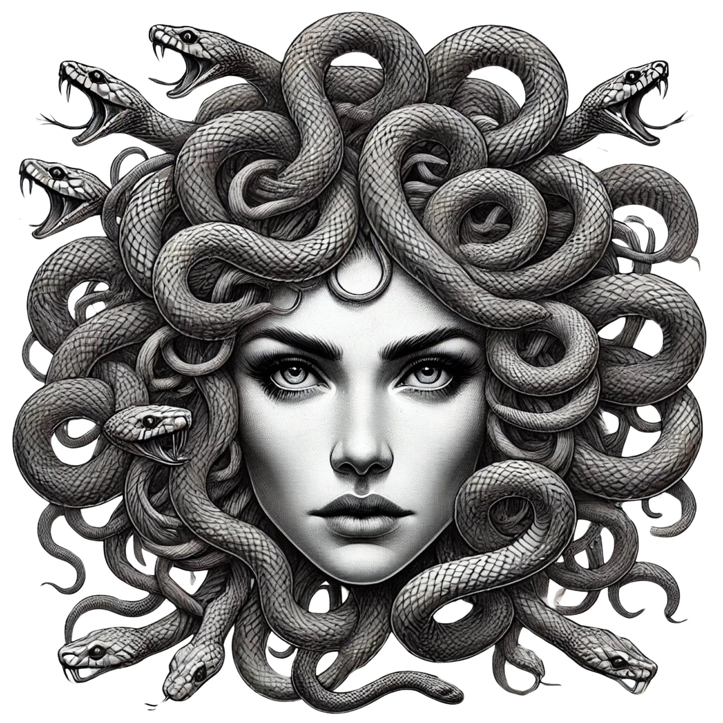 Medusa fantasy art portrait with detailed snake hair, mythology-inspired wall decor illustration
