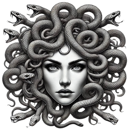 Medusa fantasy art portrait with detailed snake hair, mythology-inspired wall decor illustration