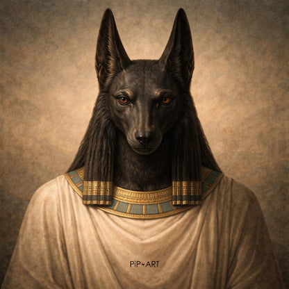 Close-up portrait of Anubis-inspired Egyptian god illustration with jackal head and gold adornments from mythology art book