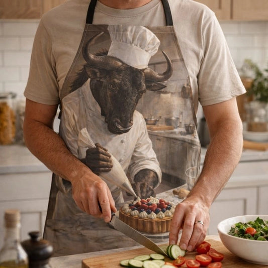 Man wearing apron with fantasy bull chef design, preparing food in kitchen