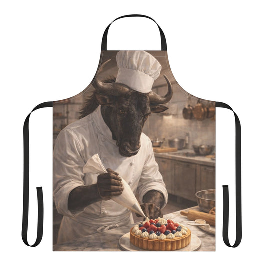 Fantasy apron featuring a chef with a bull's head decorating a berry tart in a kitchen