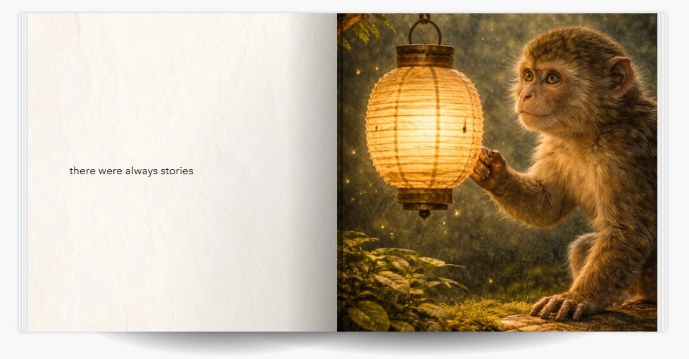 Open book spread with a monkey holding a glowing lantern next to minimal text page