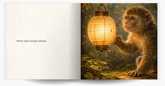 Open book spread with a monkey holding a glowing lantern next to minimal text page