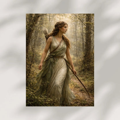 Mythology-inspired wall art of  Artemis in a forest, fantasy decor print