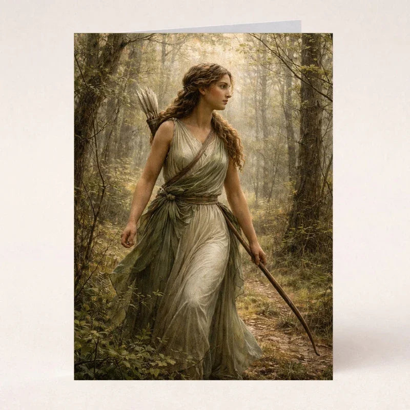 Mythology-inspired wall art of  Artemis in a forest, fantasy decor print