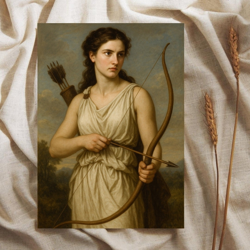 Artemis Greek goddess holding a bow and arrow, set against a misty grey sky with soft clouds.