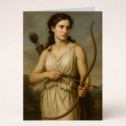 Neoclassical greeting card with a mythological archer woman holding a bow and arrows