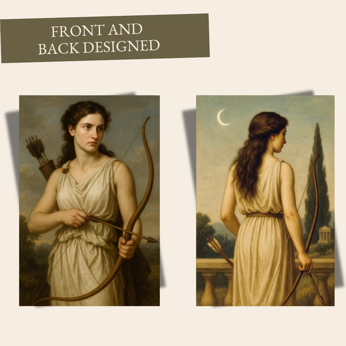 Artemis Greek goddess holding a bow and arrow, set against a misty grey sky with soft clouds
