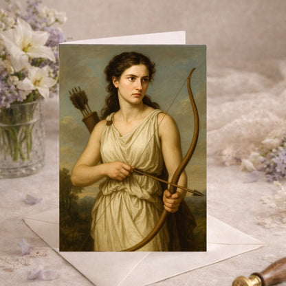Neoclassical greeting card featuring mythological archer goddess with bow and quiver