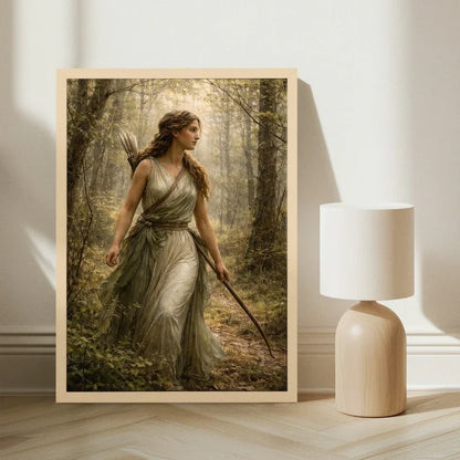 Mythology-inspired wall art of  Artemis in a forest, fantasy decor print