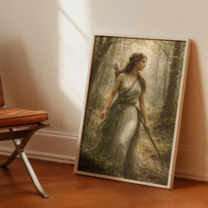 Mythology-inspired wall art of  Artemis in a forest, fantasy decor print