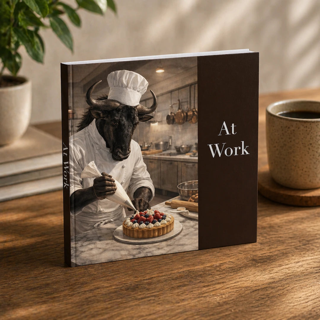 Book cover showing animal chef preparing dessert in kitchen representing creative professions