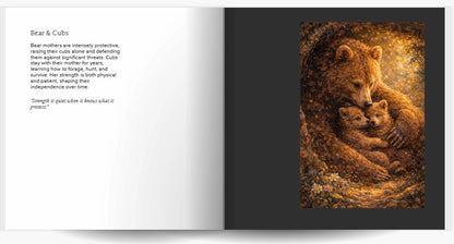 Wildlife art book spread featuring bear mother and cubs illustration with description of maternal strength