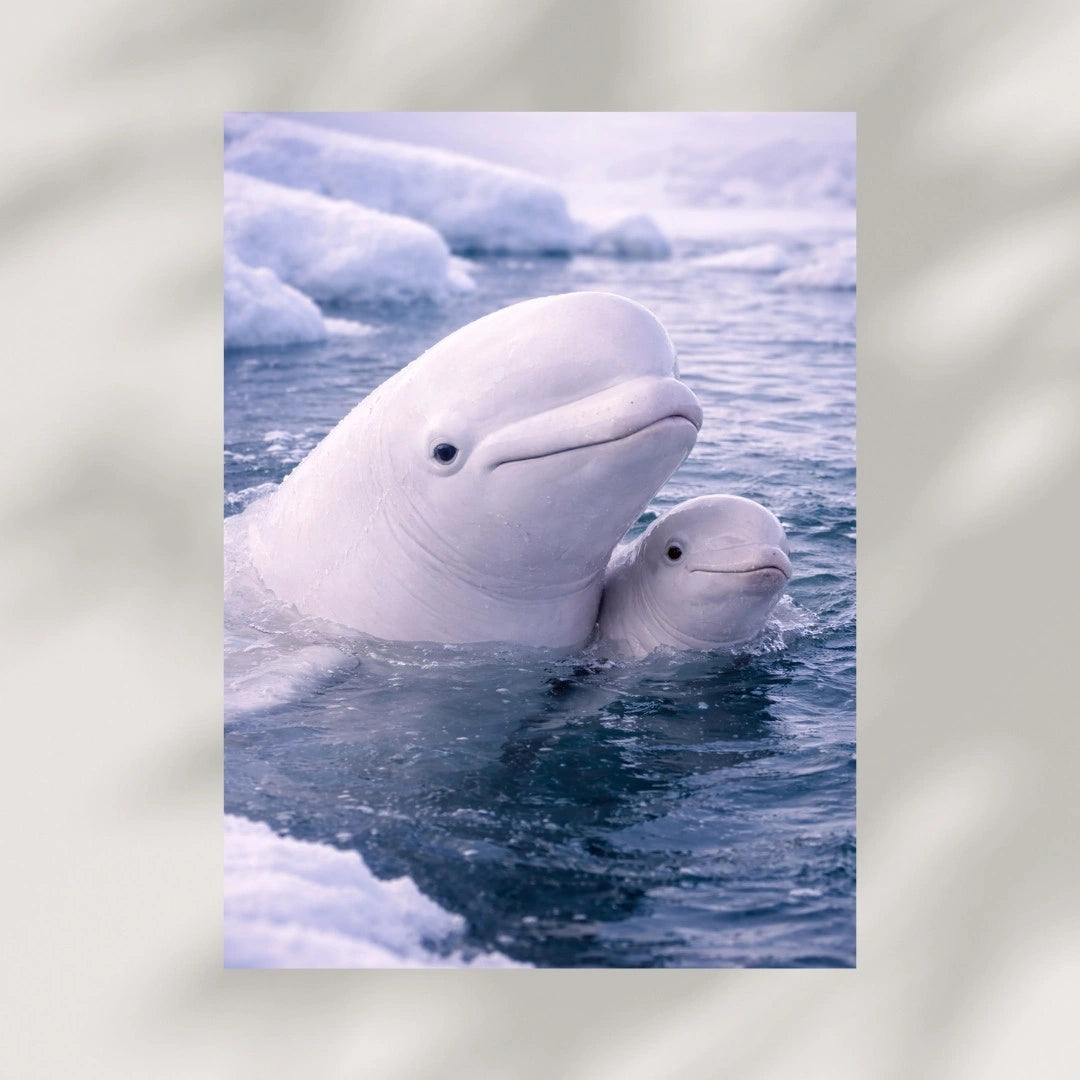 Beluga whale and calf swimming in icy arctic water, marine animal art print