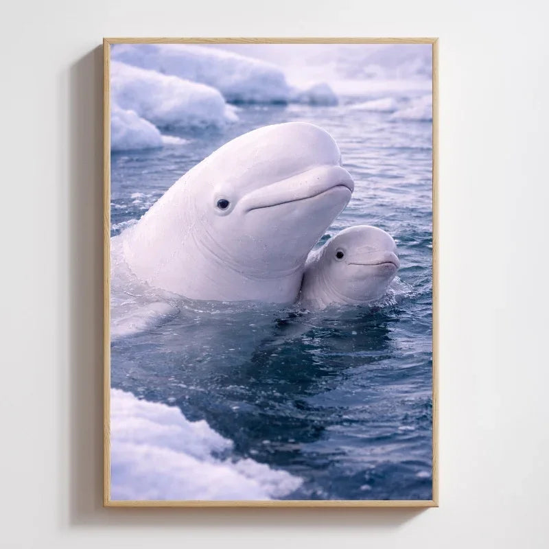 Beluga whales swimming in icy Arctic Ocean, art print with blue and white tones