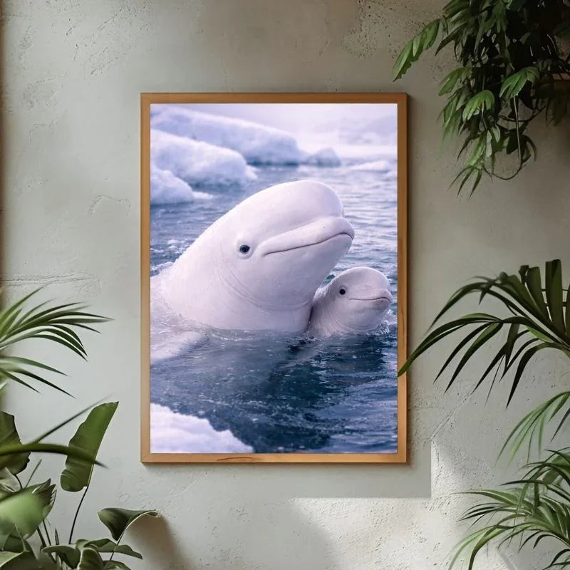 Beluga whales art print, Arctic ocean scene with ice and water, wall decor