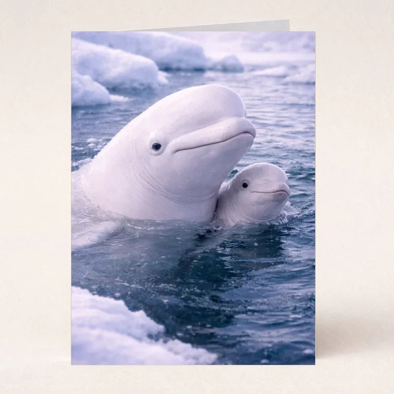 Beluga whales swimming in icy Arctic Ocean water with snow and ice in background