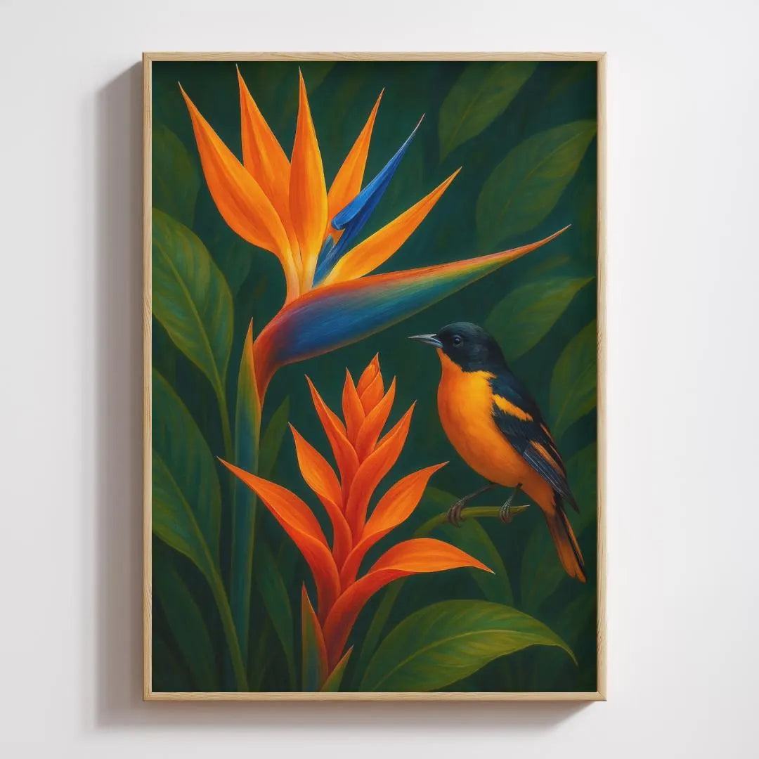 Colorful bird and tropical Bird of Paradise flower art print with lush green leaves.
