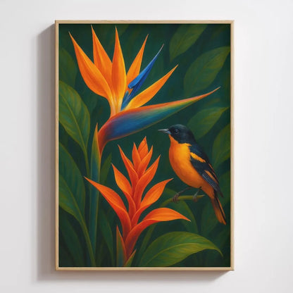 Colorful bird and tropical Bird of Paradise flower art print with lush green leaves.