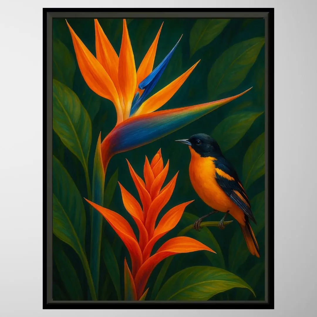 Colorful bird perched on branch beside vibrant orange bird of paradise flowers, botanical art print