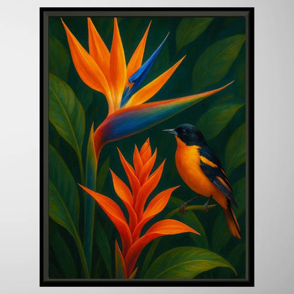Colorful bird perched on branch beside vibrant orange bird of paradise flowers, botanical art print