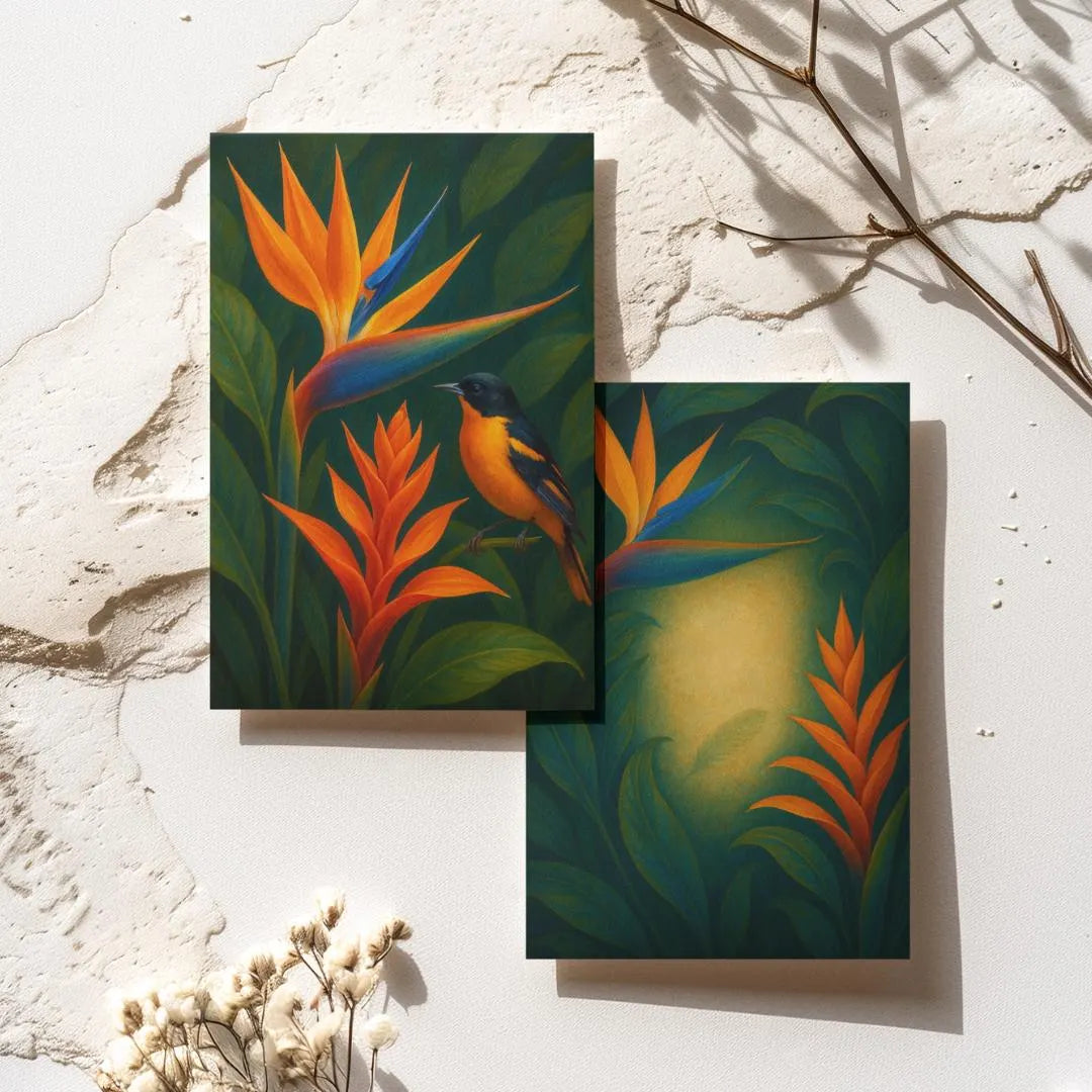 Bird of Paradise floral art print with vibrant orange bird and tropical leaves on textured background