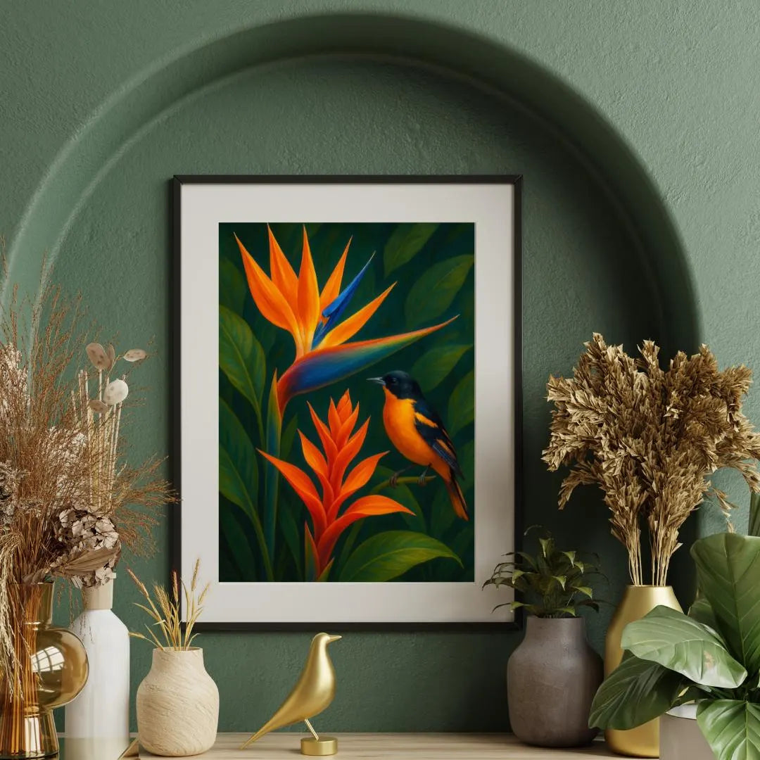 Bird of paradise art print with vibrant flowers and a colorful bird on a green wall