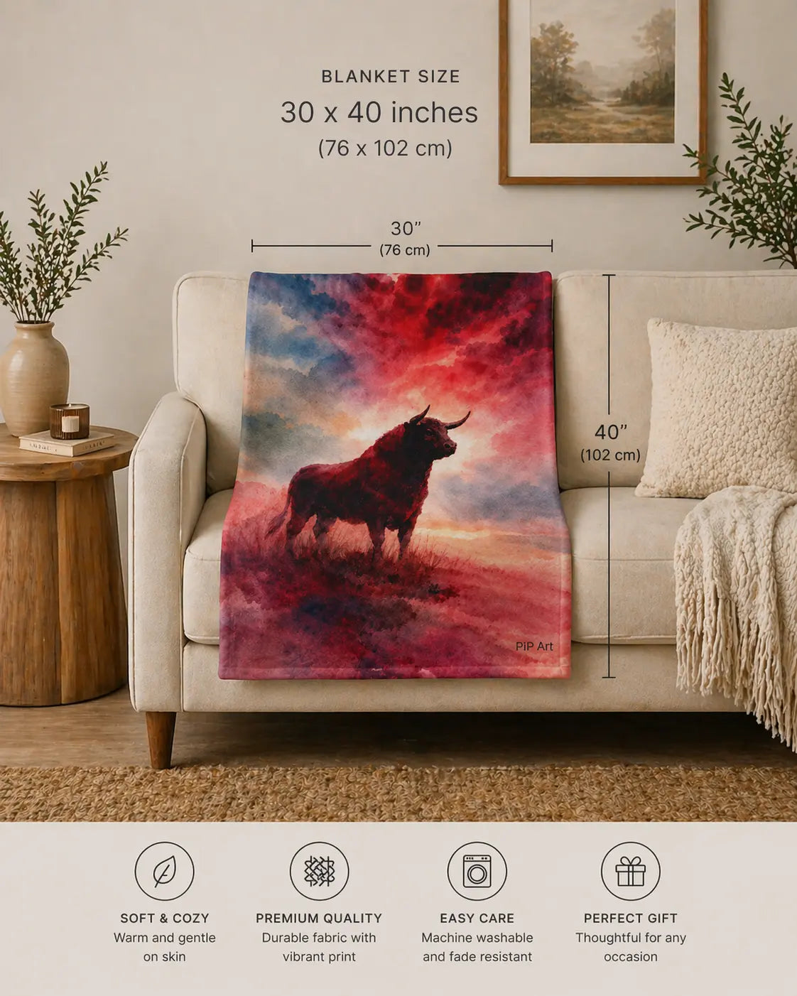 Blanket with bull design on a sofa, with dimensions and product features displayed.