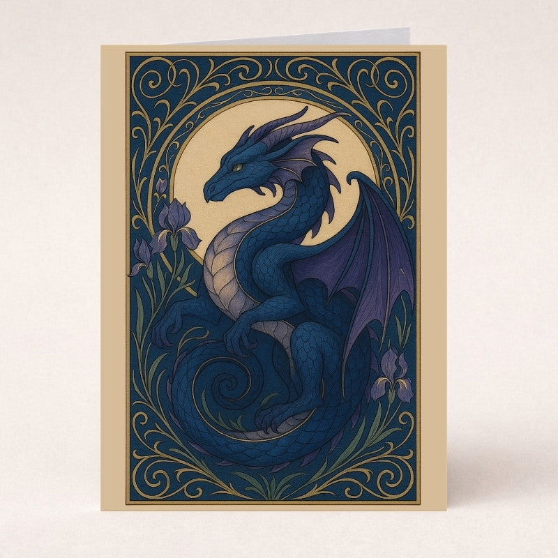 Blue dragon art card with floral and fantasy motifs, ornate border, and golden background.