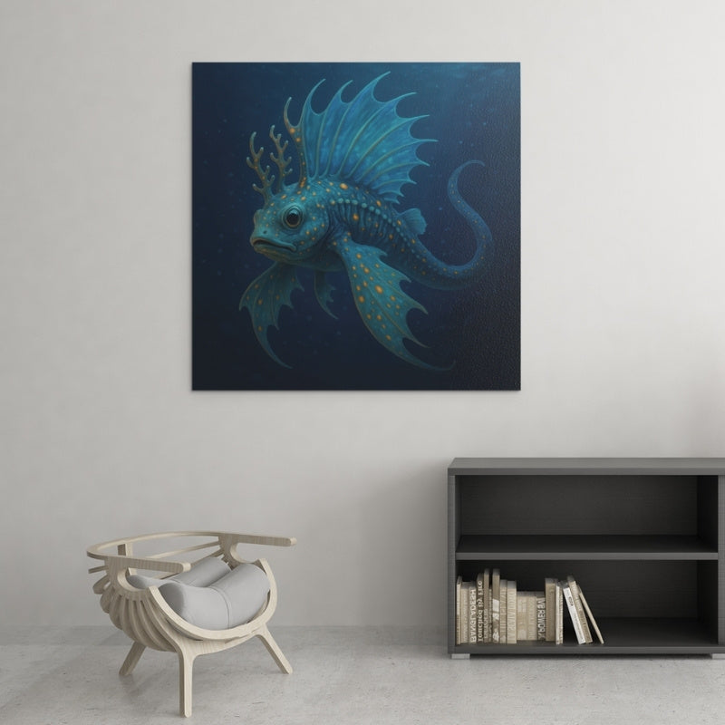 Fantasy blue sea creature art print with golden spots on modern living room wall